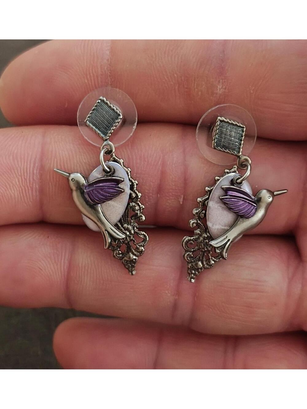 Silver Forest Silver Tone Hummingbird Purple Enamel Filigree Dangle Earrings
